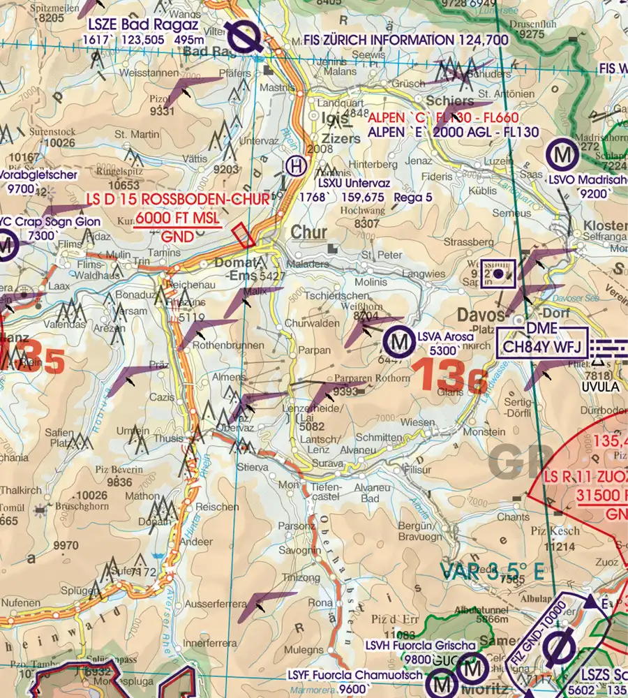 Zones d'activités récréatives aériens sue la carte aéronautique de la Suisse en 500k
