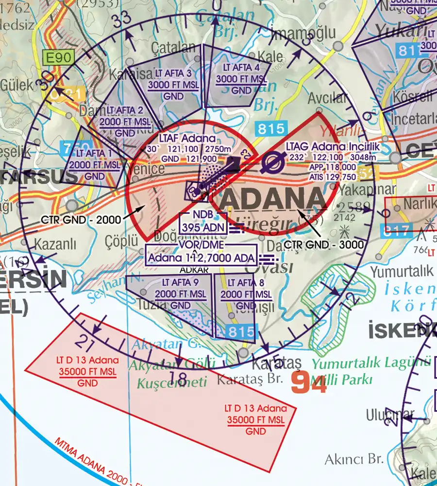Zone de danger sur la carte VFR de la Turquie en 1000k