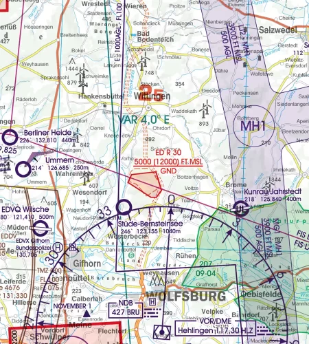 Zone de restriction de vol sur la carte aéronautique de l'Allemagne en 500k