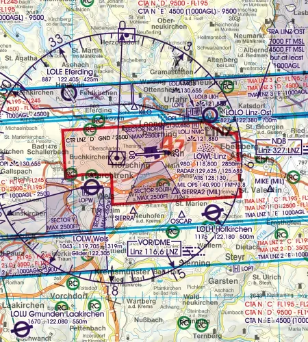 Secteur de vol à vue sur la carte VFR de l'Autriche en 500k