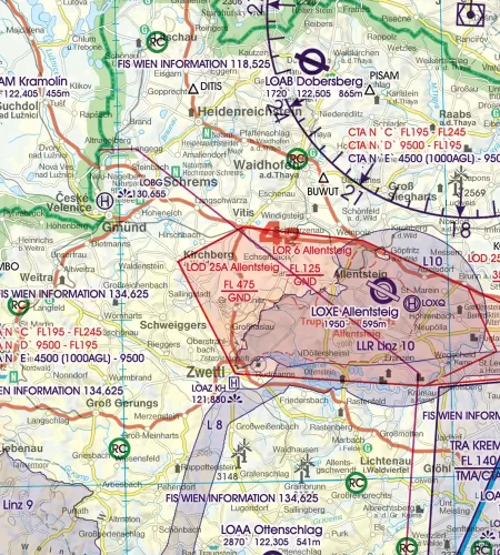 Zone de danger et restriction de vol sur la carte VFR de l'Autriche en 500k