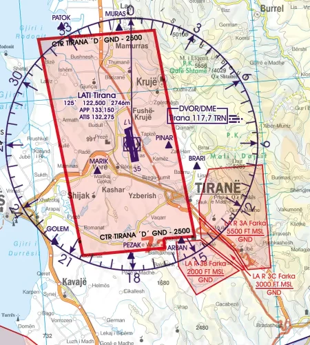 CTR, zone de contrôle, en Albanie sur la carte aéronautique en 500k