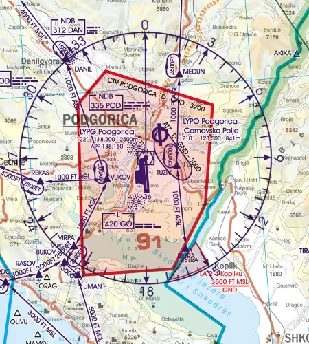 Procédure d'approche au Monténégro sur la carte aéronautique en 500k