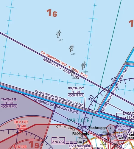 Parc éolien Offshore sur la carte aéronautique 500k de la Belgique