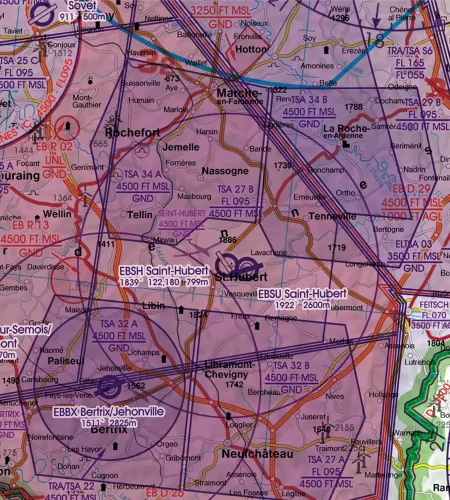 Zone de danger sur la carte aéronautique de la Belgique en 500k