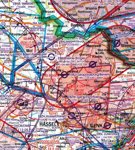 Zones d'activités récréatives aériens sur la carte 500k OCAI de la Belgique