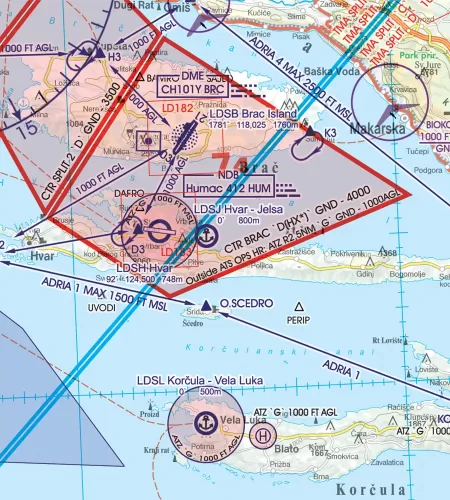 ATZ zone de contrôle sur la carte aéronautique de la Croatie en 500k