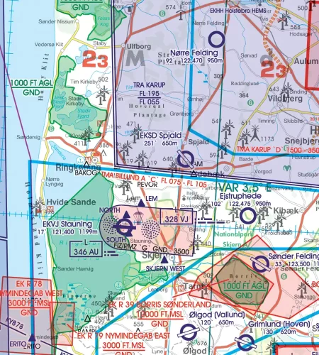 TRA réservation temporaire de l'espace aérien en 500k sur la carte aéronautique du Danemark