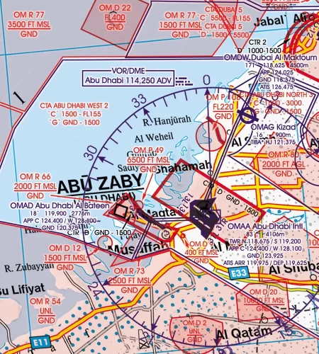 Zone de danger sur la carte aéronautique 1000k des ÉAU