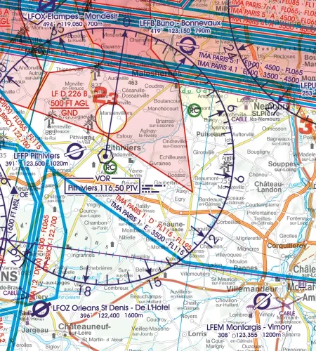 Zone de danger sur la carte aéronautique de la France en 500k