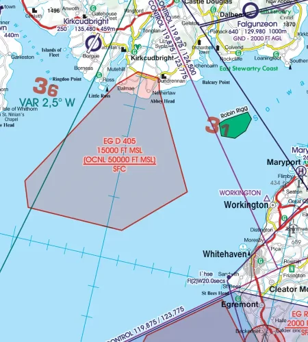 EG-D zone de danger sur la carte aéronautique de la Grande-Bretagne en 500k