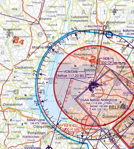 CTR zone de contrôle sur la carte aéronautique de l'Irlande en 500k