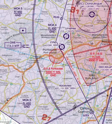 EI-P zone d'interdiction de vol sur la carte VFR en 500k de l'Irlande