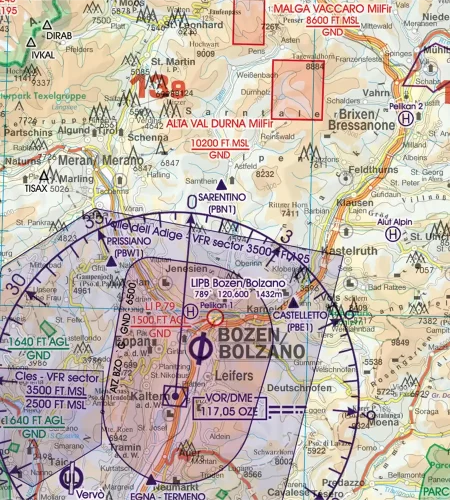 Secteur de vol à vue sur la carte OACI en 500k de l'Italie