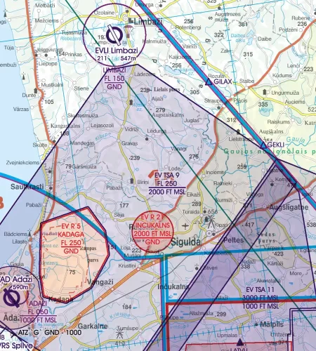 TSA zone de restriction de vol sur la carte VFR de la Lettonie en 500k