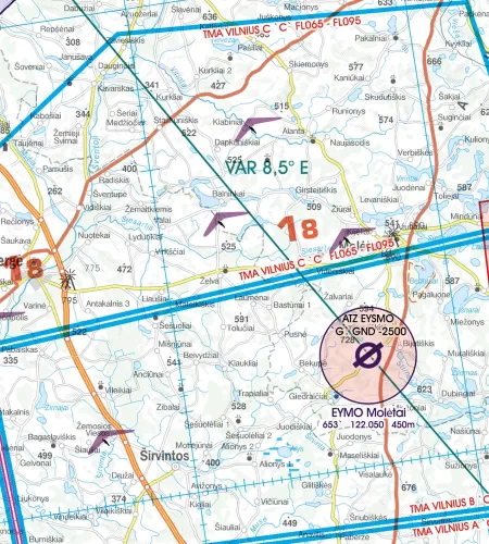 Zones d'activités récréatives aériens sur la carte VFR de la Lituanie en 500k