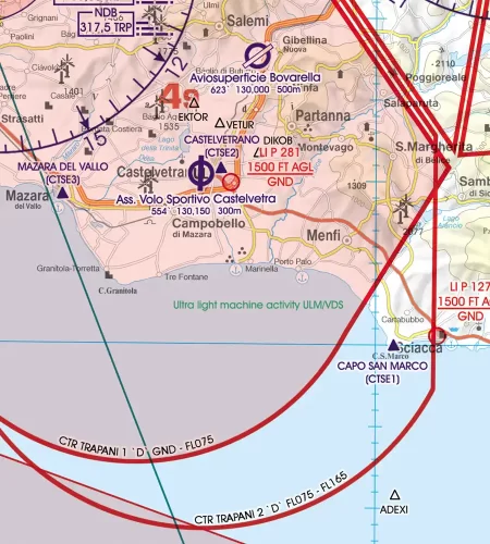 ULM sur la carte VFR de Malte et Sicile en 500k