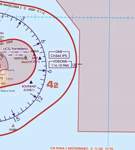 Radiophare omnidirectionnel sur la carte aéronautique 500k de Malte et Sicile