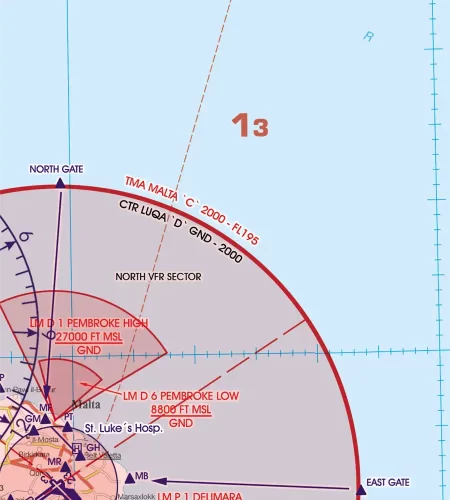 Zone de danger en 500k sur la carte OACI de Malte et Sicile