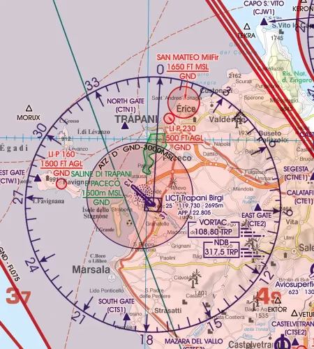 Zone d'entrainement aéroport sur la carte 500k VFR de Malte et Sicile