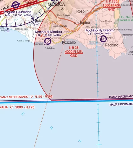 Zone de restriction sur la carte aéronautique 500k de Malte et Sicile
