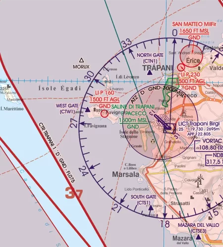 Zone de restriction de vol sur la carte VFR OACI de Malte et Sicile en 500k