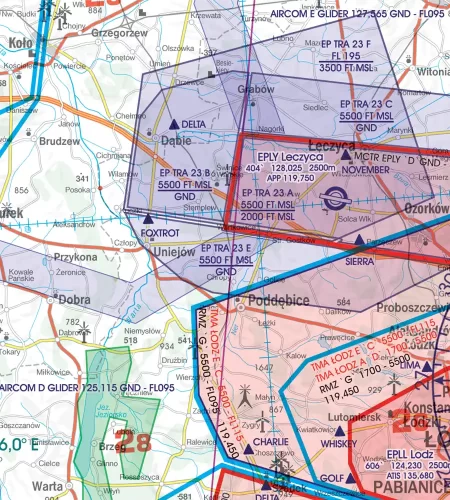 TRA réservation temporaire de l'espace aérien sur la carte OACI de Pologne en 500k