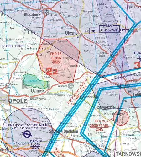 Zone de restriction de vol sur la carte aéronautique de la Pologne en 500k