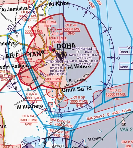 Aéroport sur la carte VFR OACI du Qatar en 1000k