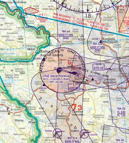 ATZ zone de trafic aérodrome sur la carte aéronautique de la Serbie en 500k