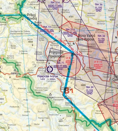 Zone de danger et restriction de vol sur la carte VFR 500k de la Serbie