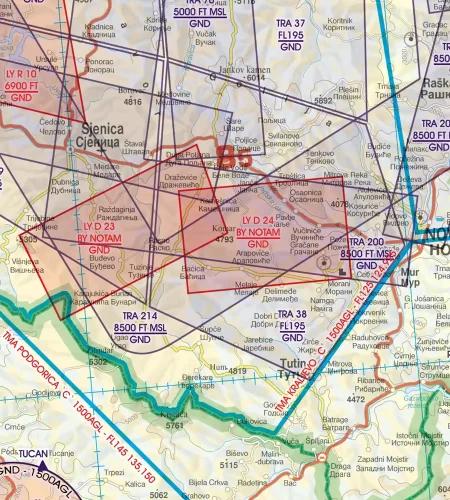 Zone de restriction de vol sur la carte OACI 500k de la Serbie