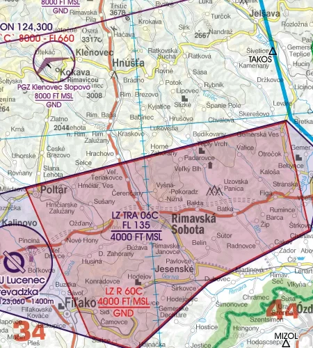 TRA réservation temporaire de l'espace aérien sur la carte OACI 500k de la Slovaquie