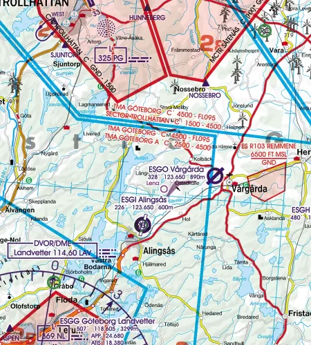 TMA région contrôle terminale sur la carte VFR 500k de la Suède