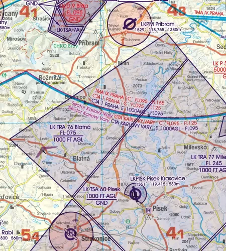 TRA réservation temporaire de l'espace aérien sur la carte OACI 500k de la Tchéquie