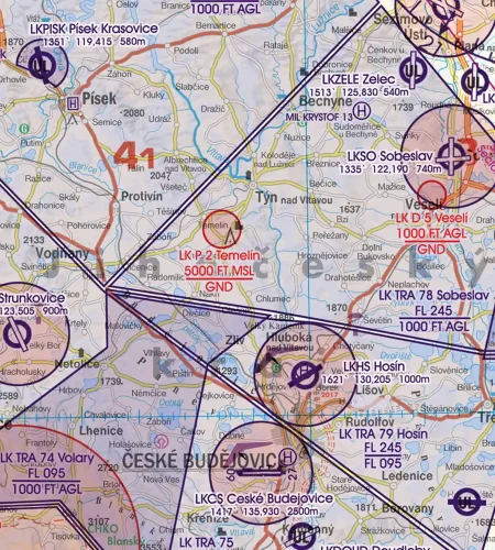 Zone de danger et restriction de vol sur la carte VFR 500k de la Tchéquie