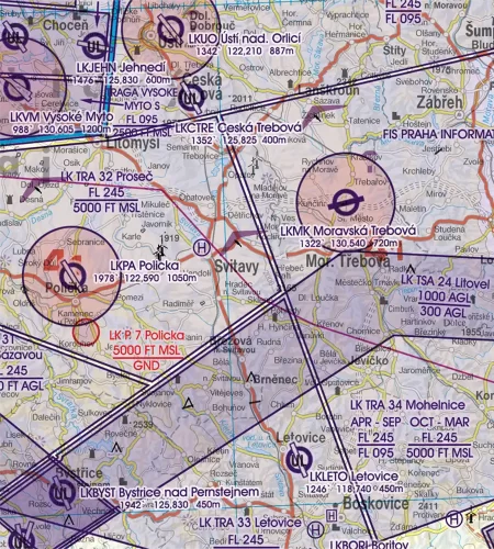 Zones d'activités récréatives aériens sur la carte VFR de la Tchéquie en 500k