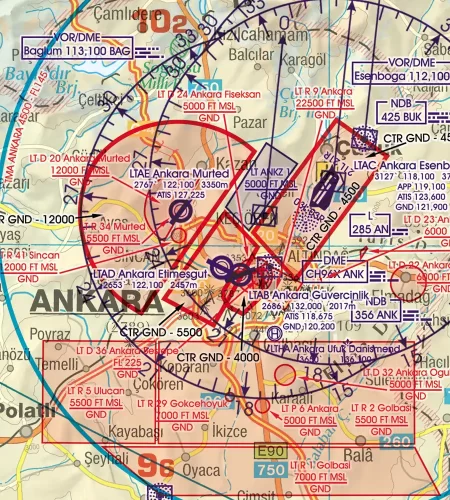 CTR zone de contrôle sur la carte OACI de la Turquie en 1000k